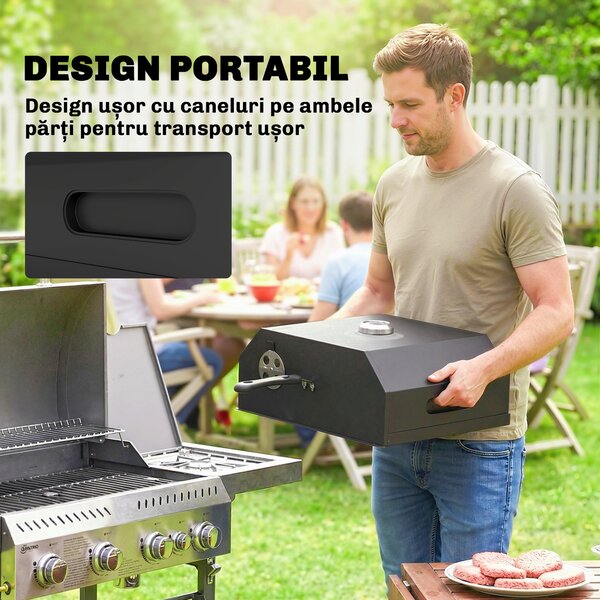 Outsunny Mini Cuptor pentru Pizza din Metal cu Piatră din Cordierit și Termometru Integrat, 53x40x18,5 cm, Negru | Aosom Romania