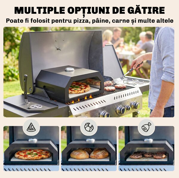 Outsunny Mini Cuptor pentru Pizza din Metal cu Piatră din Cordierit și Termometru Integrat, 53x40x18,5 cm, Negru | Aosom Romania