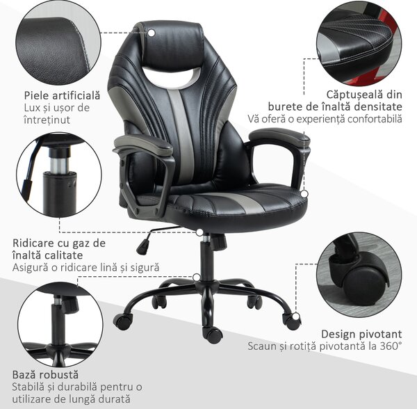 Vinsetto Scaun Gaming Stil Office, Imitație Piele PU, Negru/Gri, Înălțime Ajustabilă, Sezut Rotativ, 63x68x105-113cm | Aosom Romania