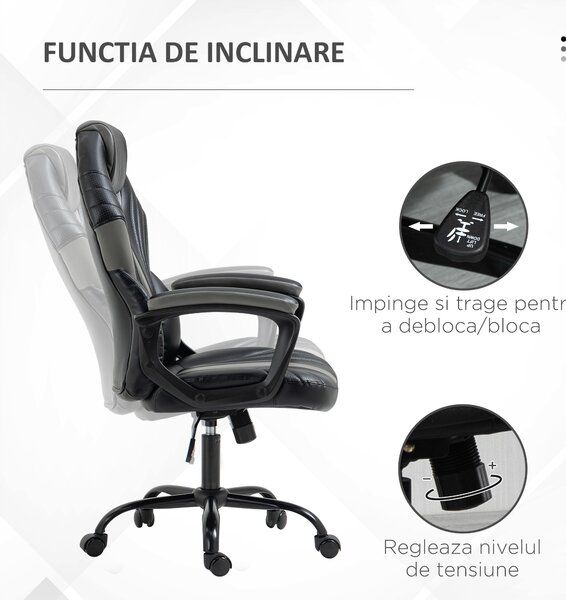 Vinsetto Scaun Gaming Stil Office, Imitație Piele PU, Negru/Gri, Înălțime Ajustabilă, Sezut Rotativ, 63x68x105-113cm | Aosom Romania