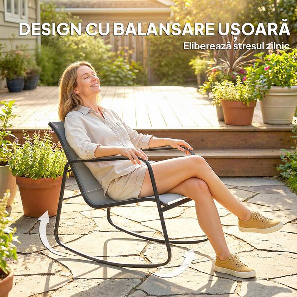 Outsunny Set Bistro din 3 Piese, Set de Grădină cu 2 Scaune de Exterior cu Mișcare de Legănare din Textilenă Respirabilă, Masă cu Blat din Sticlă, Set Masă și Scaune din Oțel pentru Terasă și Balcon, Gri | Aosom Romania