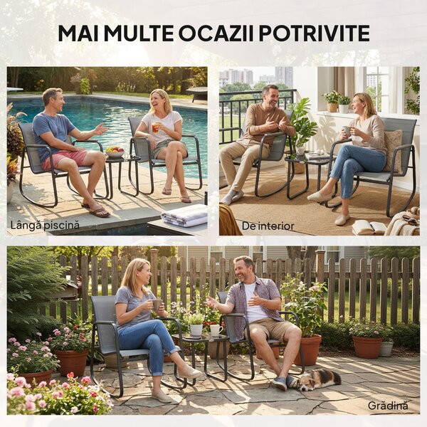 Outsunny Set Bistro din 3 Piese, Set de Grădină cu 2 Scaune de Exterior cu Mișcare de Legănare din Textilenă Respirabilă, Masă cu Blat din Sticlă, Set Masă și Scaune din Oțel pentru Terasă și Balcon, Gri | Aosom Romania