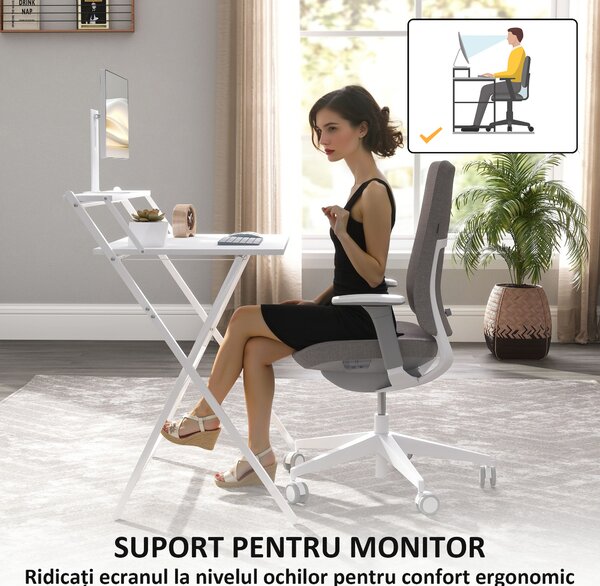 HOMCOM Birou Pliabil cu Poliță pentru Monitor, 81.5x62x86.5 cm Alb | Aosom Romania