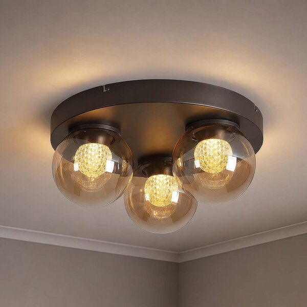 Searchlight Plafonieră LED Solis, cu 3 becuri, rotundă, bronz, sticlă, 2.700 K, reglabil, Bronz / Alamă Veche, Camera de zi / sufragerie, Sticlă, glob