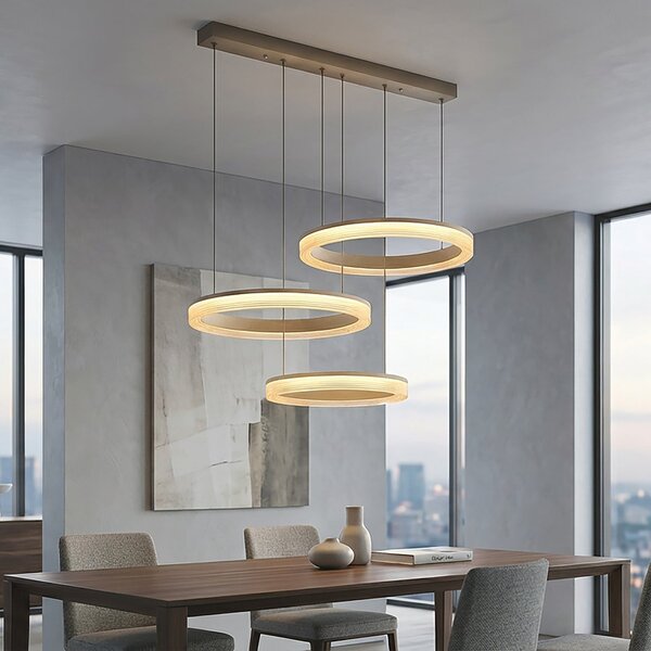 Searchlight Lampă suspendată LED Lumen Rings cu 3 becuri, culoare nisip, CCT, fier, dimabil, reglabil, Bej, Camera de zi / sufragerie, Metal, Modern