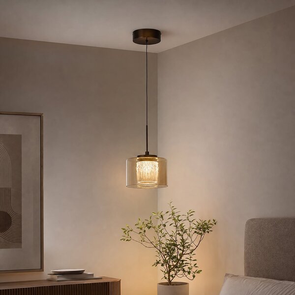 Searchlight Lampă suspendată LED Tumblers, cu 1 bec, bronz, sticlă, 3.000 K, reglabil, Bronz / Alamă Veche, Camera de zi / sufragerie, Plastic