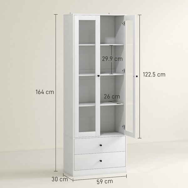 HOMCOM Dulap de Bucătărie cu Uși din Sticlă, 2 Sertare și Rafturi Reglabile Alb | Aosom Romania
