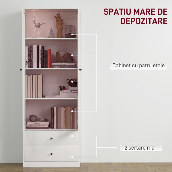 HOMCOM Dulap de Bucătărie cu Uși din Sticlă, 2 Sertare și Rafturi Reglabile Alb | Aosom Romania