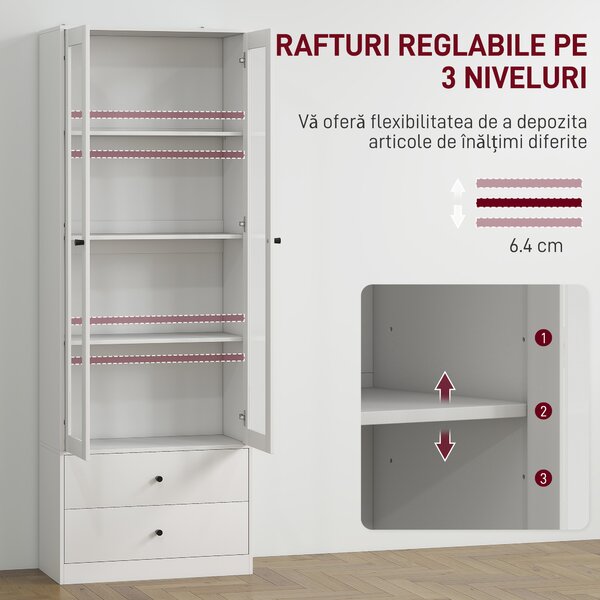 HOMCOM Dulap de Bucătărie cu Uși din Sticlă, 2 Sertare și Rafturi Reglabile Alb | Aosom Romania