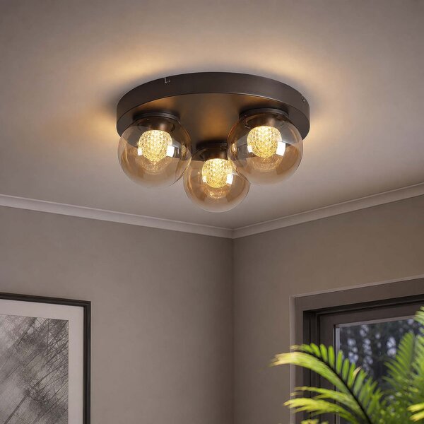 Searchlight Plafonieră LED Solis, cu 3 becuri, rotundă, bronz, sticlă, 2.700 K, reglabil, Bronz / Alamă Veche, Camera de zi / sufragerie, Sticlă, glob