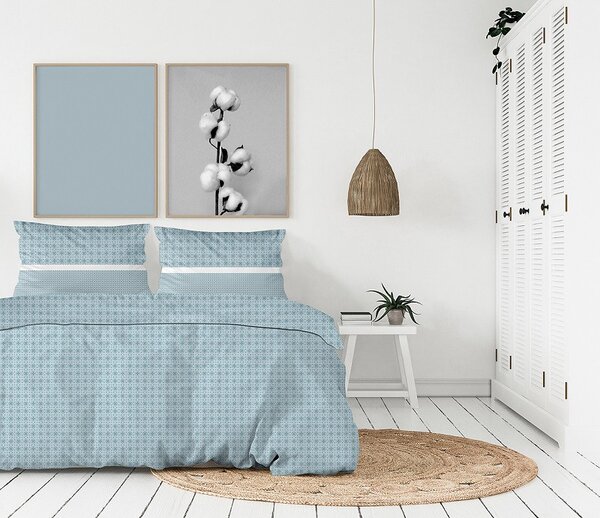 Lenjerie de pat din bumbac satinat, în stil scandinav în culoarea albastră 3 părți: 1buc 160 cmx200 + 2buc 70 cmx80