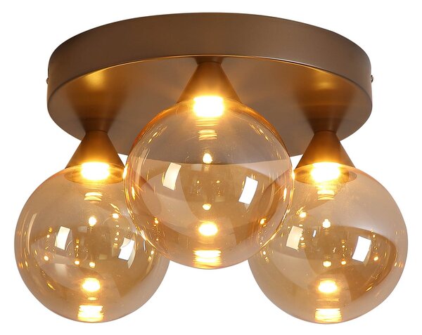 Searchlight Plafonieră LED Opus Lux, 3 becuri, bronz, sticlă chihlimbar, CCT, reglabil, Bronz / Alamă Veche, Camera de zi / sufragerie, Sticlă