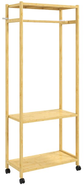 HOMCOM Cuier de Podea cu Bară și 4 Roți, Economisire Spațiu, Cuier din Bambus cu Rafturi Inferioare, pentru Dormitor, Hol, 70x35x175 cm, Lemn Natural | Aosom Romania