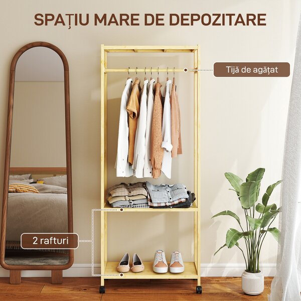 HOMCOM Cuier de Podea cu Bară și 4 Roți, Economisire Spațiu, Cuier din Bambus cu Rafturi Inferioare, pentru Dormitor, Hol, 70x35x175 cm, Lemn Natural | Aosom Romania