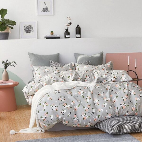 Lenjerie de pat reversibilă gri, cu motiv floral 4 părți: 1buc 200x220 + 2buc 70 cmx80 + cearșaf de pat