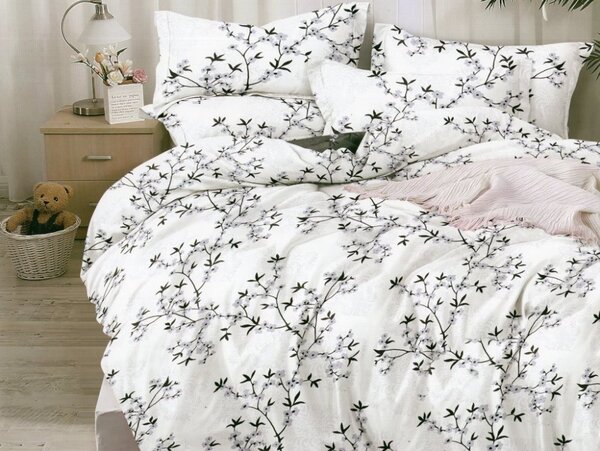 Lenjerie de pat albă cu un motiv de flori de copac 3 părți: 1buc 160 cmx200 + 2buc 70 cmx80