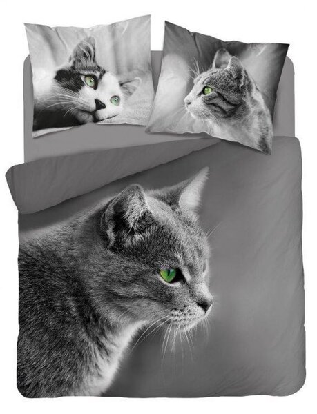 Lenjerie de pat din bumbac gri, cu motiv de pisică 3 părți: 1buc 160 cmx200 + 2buc 70 cmx80