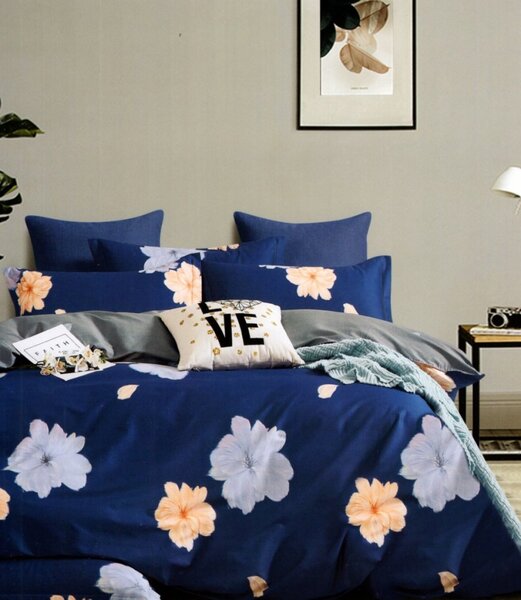 Lenjerie de pat unică din bumbac albastru cu flori 3 părți: 1buc 160 cmx200 + 2buc 70 cmx80