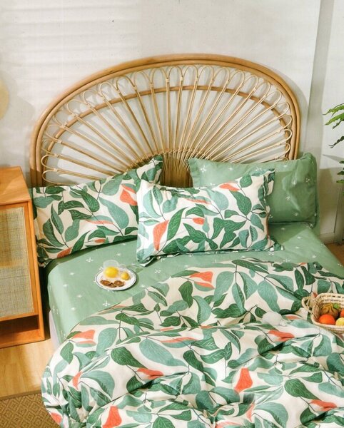 Lenjerie de pat elegantă din bumbac verde, cu motiv de frunze 3 părți: 1buc 160 cmx200 + 2buc 70 cmx80