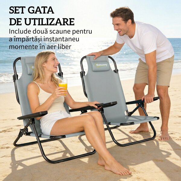 Outsunny Set de 2 Scaune de Camping Portabile, Plajă Pliabile, Spătar Reglabil, Gri Deschis. | Aosom Romania