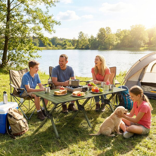 Outsunny Masă de Camping Pliabilă 116 cm, Masă de Picnic Impermeabilă cu Blat Rulabil și Cadru Metalic, Verde | Aosom Romania