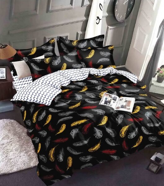 Lenjerie de pat neagră confortabilă, cu flori colorate din microfibră 3 părți: 1buc 160 cmx200 + 2buc 70 cmx80