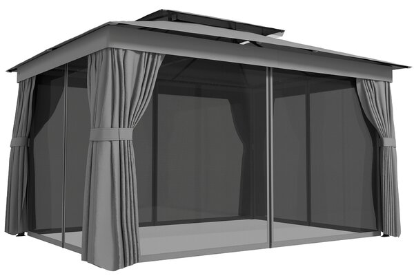 Outsunny Pavilion de Grădină 3,8x3 m cu Perdele, Plasă de Țânțari, Cârlige, Pavilion de Exterior cu Acoperiș Dublu, Orificii de Drenaj, Structură Metalică, pentru Grădină, Terasă, Petreceri, UV30+, Gri Închis | Aosom Romania