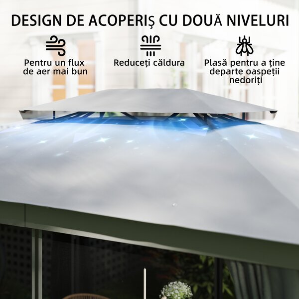 Outsunny Pavilion de Grădină 3,8x3 m cu Perdele, Plasă de Țânțari, Cârlige, Pavilion de Exterior cu Acoperiș Dublu, Orificii de Drenaj, Structură Metalică, pentru Grădină, Terasă, Petreceri, UV30+, Gri Închis | Aosom Romania