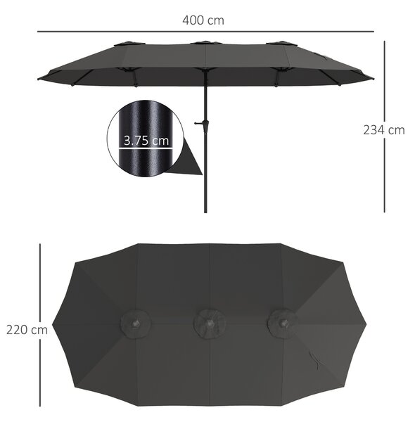 Outsunny Umbrelă Dublă de Grădină cu 12 Spițe, Orificii de Ventilație și Manivelă, 400x220x234 cm, Gri Închis | Aosom Romania