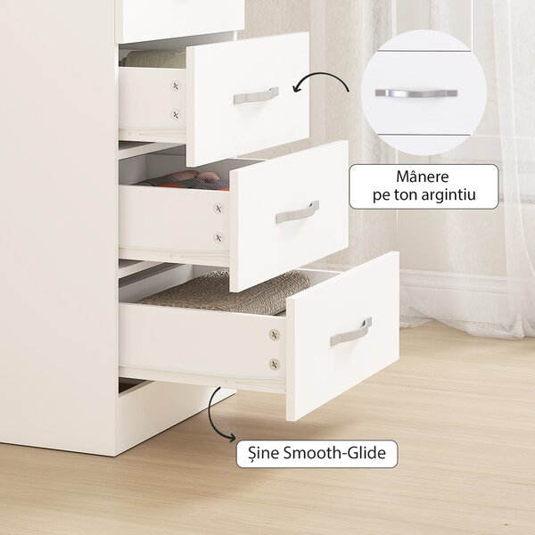 HOMCOM Comodă cu 5 Sertare, Design Modern, Slim, cu Mânere Argintii, Ideală pentru Dormitor, Cameră, Hol sau Living, Dimensiuni 40x35x85 cm, Alb | Aosom Romania