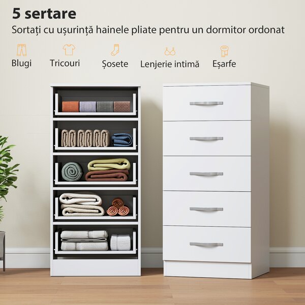 HOMCOM Comodă cu 5 Sertare, Design Modern, Slim, cu Mânere Argintii, Ideală pentru Dormitor, Cameră, Hol sau Living, Dimensiuni 40x35x85 cm, Alb | Aosom Romania
