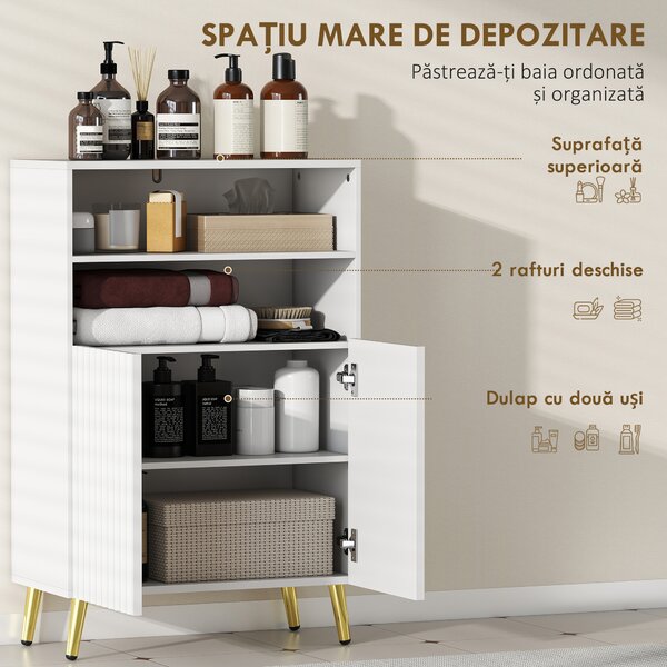 HOMCOM Dulap de Baie cu 2 Rafturi Deschise și Dulap, Dulap Compact cu Uși Amortizate, Raft Reglabil, pentru Bucătărie Living, 60x31.8x93 cm, Alb | Aosom Romania