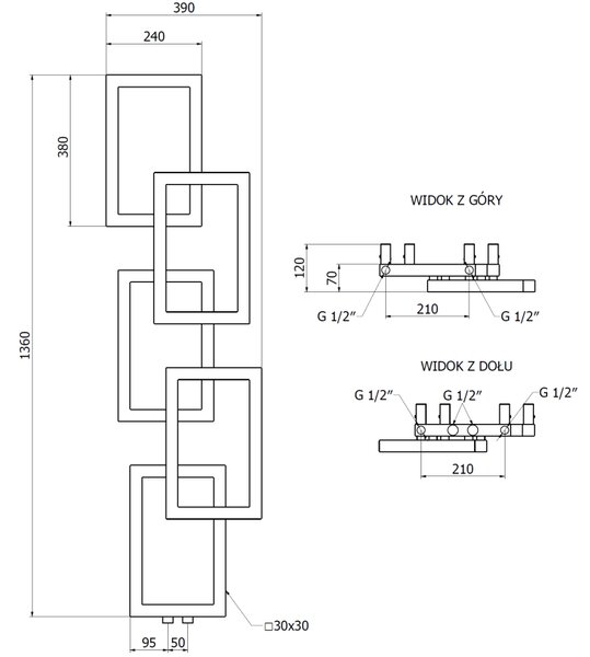 Mexen Grid, calorifer decorativ pentru baie 1360 x 390 mm, 349 W, negru, W215-1360-390-00-70