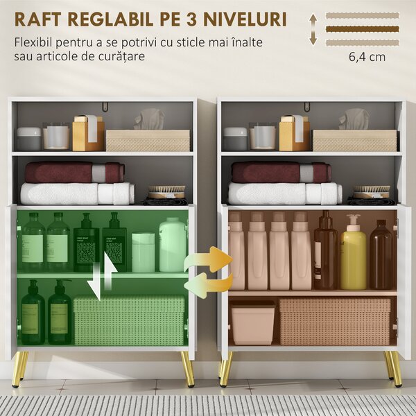 HOMCOM Dulap de Baie cu 2 Rafturi Deschise și Dulap, Dulap Compact cu Uși Amortizate, Raft Reglabil, pentru Bucătărie Living, 60x31.8x93 cm, Alb | Aosom Romania