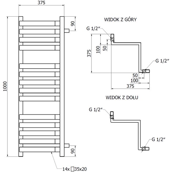 Mexen Loop, calorifer de baie 1000 x 375 mm, 572 W, alb, W129-1000-350-00-20