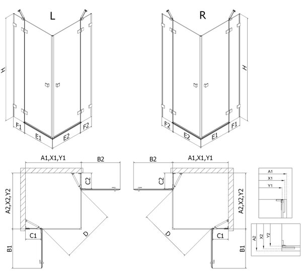 Mexen Lunar Duo, duș cu balamale 120 x 110 cm, sticlă transparentă de 8 mm, profil grafit, 834-120L-110P-95-00