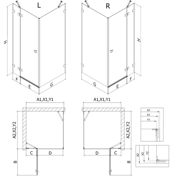 Mexen Lunar, duș cu balamale dreapta 80 x 80 cm, sticlă transparentă de 8 mm, auriu periat - 834-080-080-55-00-P
