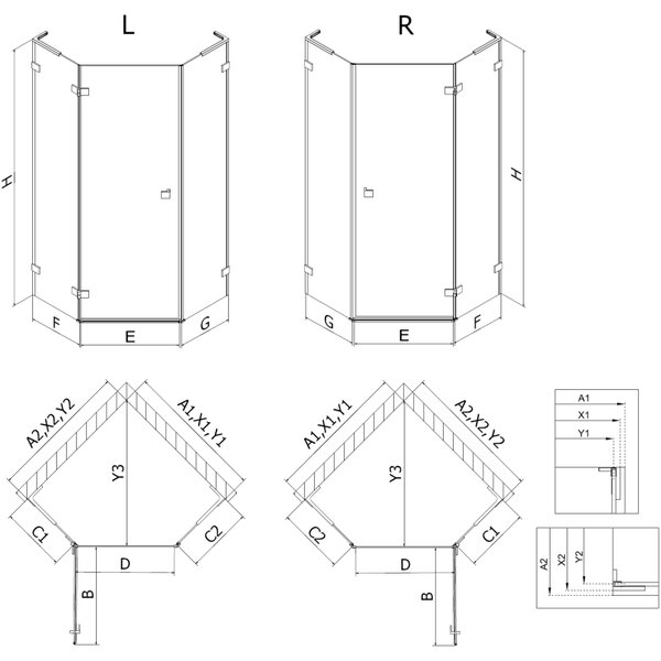 Mexen Lunar, cabină de duș pentagonală cu balamale dreapta L 80 x 80 cm, sticlă transparentă de 8 mm, profil cromat, 831L-080P-080L-01-00-P