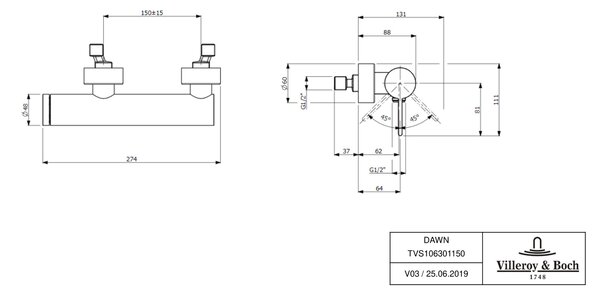 Villeroy & Boch Dawn baterie de duș perete crom TVS10630115061