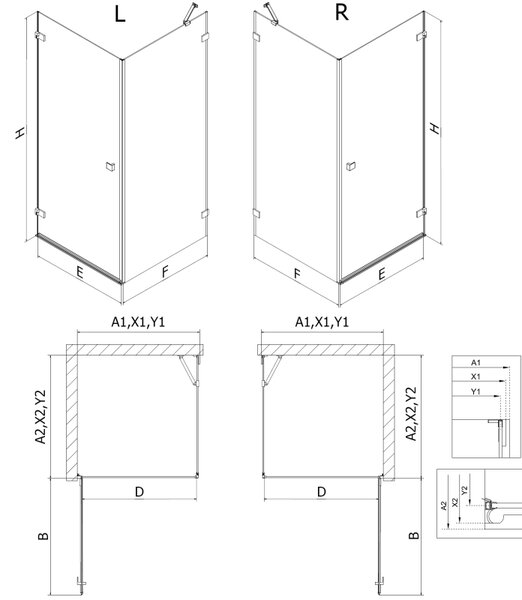 Mexen Lunar-B, cabină de duș cu balamale pe dreapta 70 x 70 cm, sticlă transparentă de 8 mm, profil cromat, 832-070-070-01-00-P