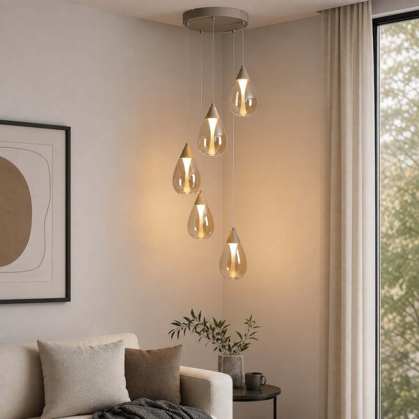 Searchlight Lampă suspendată LED Pear, 5 becuri, rotundă, bej, sticlă chihlimbar, 3.000 K, reglabil, Bej, Camera de zi / sufragerie, Sticlă, Modern