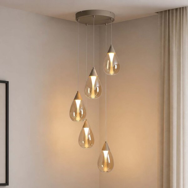 Searchlight Lampă suspendată LED Pear, 5 becuri, rotundă, bej, sticlă chihlimbar, 3.000 K, reglabil, Bej, Camera de zi / sufragerie, Sticlă, Modern