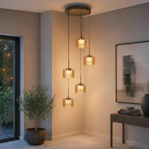 Searchlight Lampă suspendată LED Tumblers, cu 5 becuri, rotundă, bronz, sticlă, 3.000 K, reglabil, Bronz / Alamă Veche, Camera de zi / sufragerie, Plastic