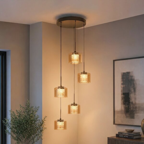 Searchlight Lampă suspendată LED Tumblers, cu 5 becuri, rotundă, bronz, sticlă, 3.000 K, reglabil, Bronz / Alamă Veche, Camera de zi / sufragerie, Plastic