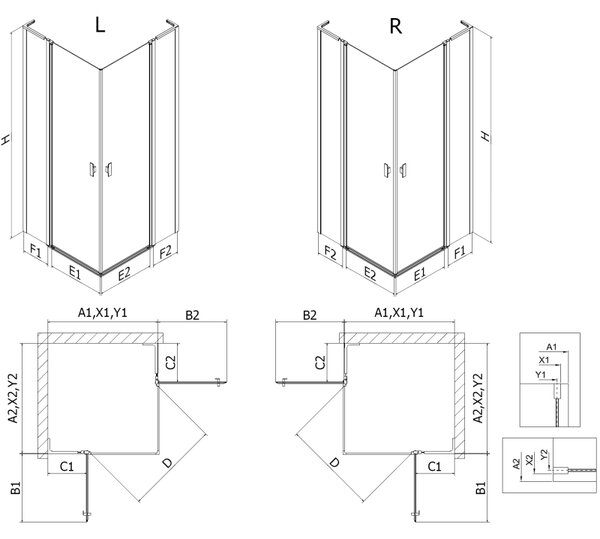 Mexen, Cabină de duș cu balamale Mexen Mist L Duo 95 x 90 cm, grilă neagră - 8A4L-095L-090P-70-77