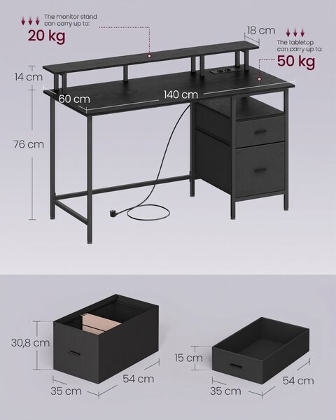 Birou Gaming Vasagle Negru, 2 Prize și 2 USB, 140x60x90 cm