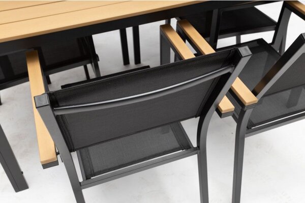 Set terasa Teslin, aluminiu, compozit, textilena, masa si 6 scaune, negru / natur