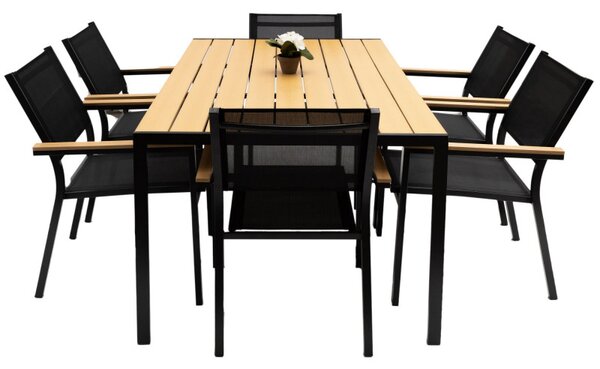 Set terasa Teslin, aluminiu, compozit, textilena, masa si 6 scaune, negru / natur