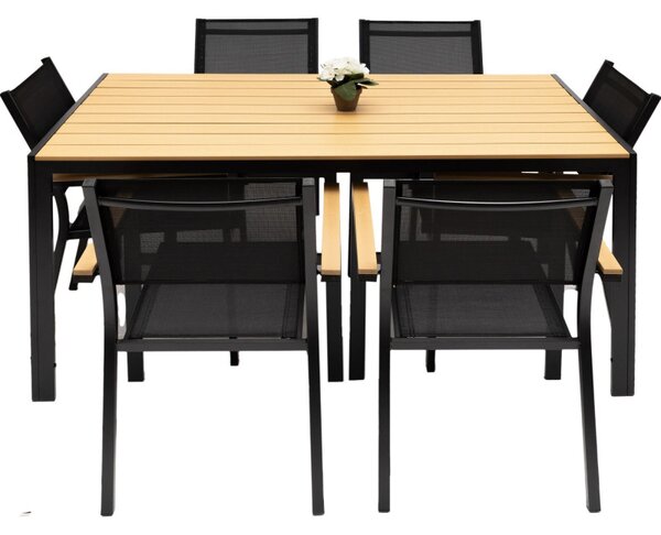 Set terasa Teslin, aluminiu, compozit, textilena, masa si 6 scaune, negru / natur