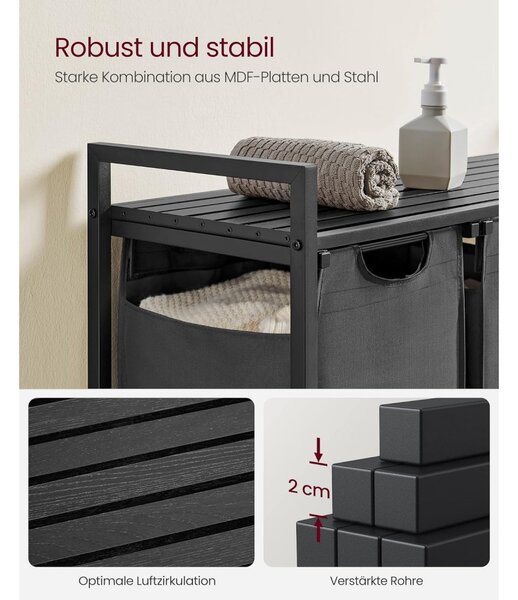 Cos de rufe cu 3 compartimente si sac de depozitare detasabil, 3x38L, negru